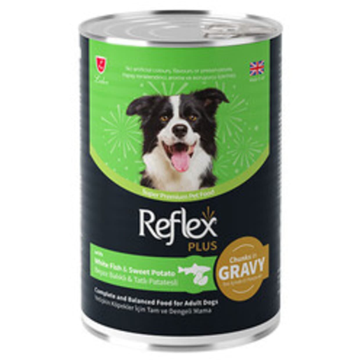 Reflex Plus Beyaz Balıklı ve Tatlı Patates Et Parçacıklı Soslu Köpek Konservesi 400 Gr