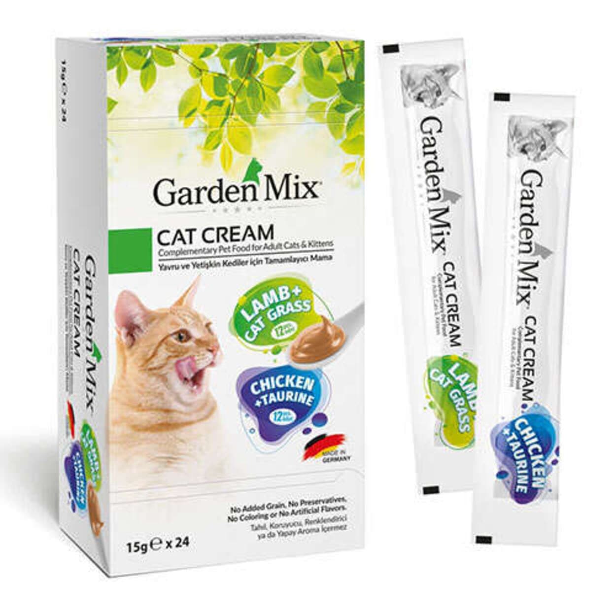 Garden Mix Kuzu Kedi Otu ve Tavuk Taurin Ek Besin Kedi Ödül Kreması (24 x 15 Gr)